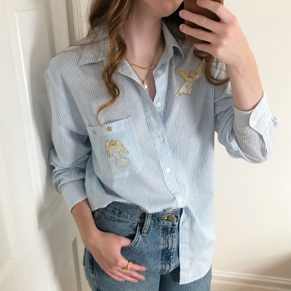 Vintage Angel Star Patch Oversized Button Down Shirt Renaissance Embroidery Cute - Picture 3 of 5